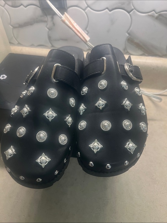 Shoes - Black Studded Slip-On Clogs with Silver Embellishments